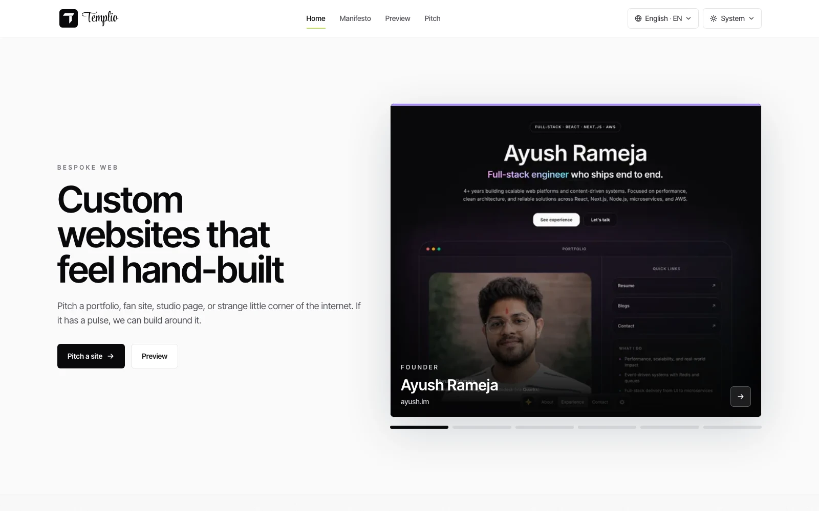Templio’s custom-websites homepage featuring a portfolio example
